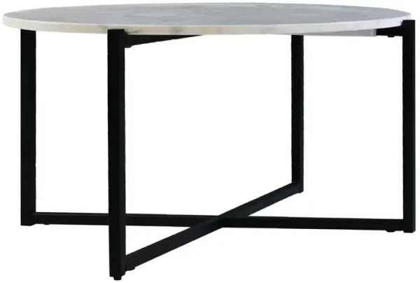 Ivy 30 Inch Marble Top Round Coffee Table with Metal Frame, White and Black-Benzara