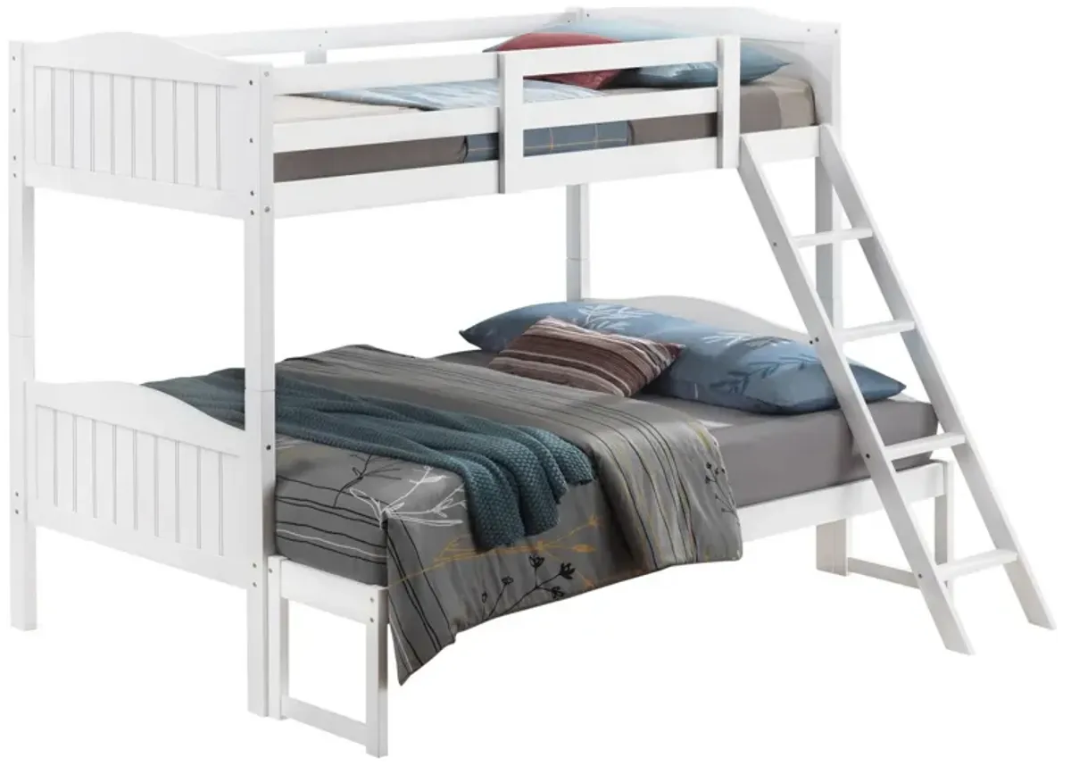 Laro Twin over Full Bunk Bed, Attached Ladder, Guard Rails, White Wood - Benzara