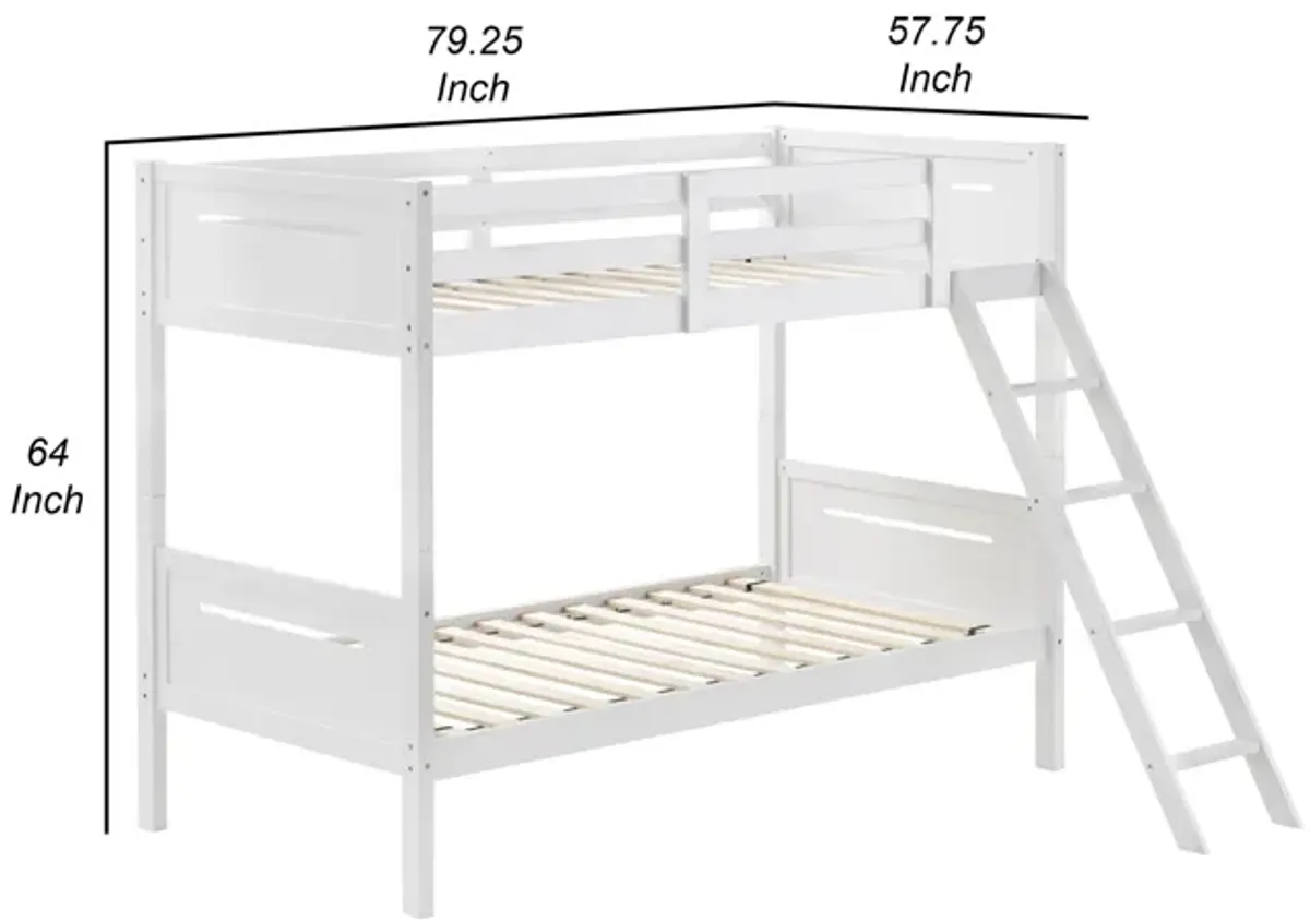 Laro Twin over Full Bunk Bed, Attached Ladder, Guard Rails, White Wood - Benzara