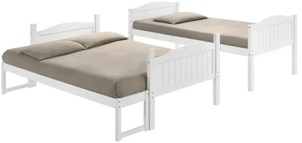 Laro Twin over Full Bunk Bed, Attached Ladder, Guard Rails, White Wood - Benzara