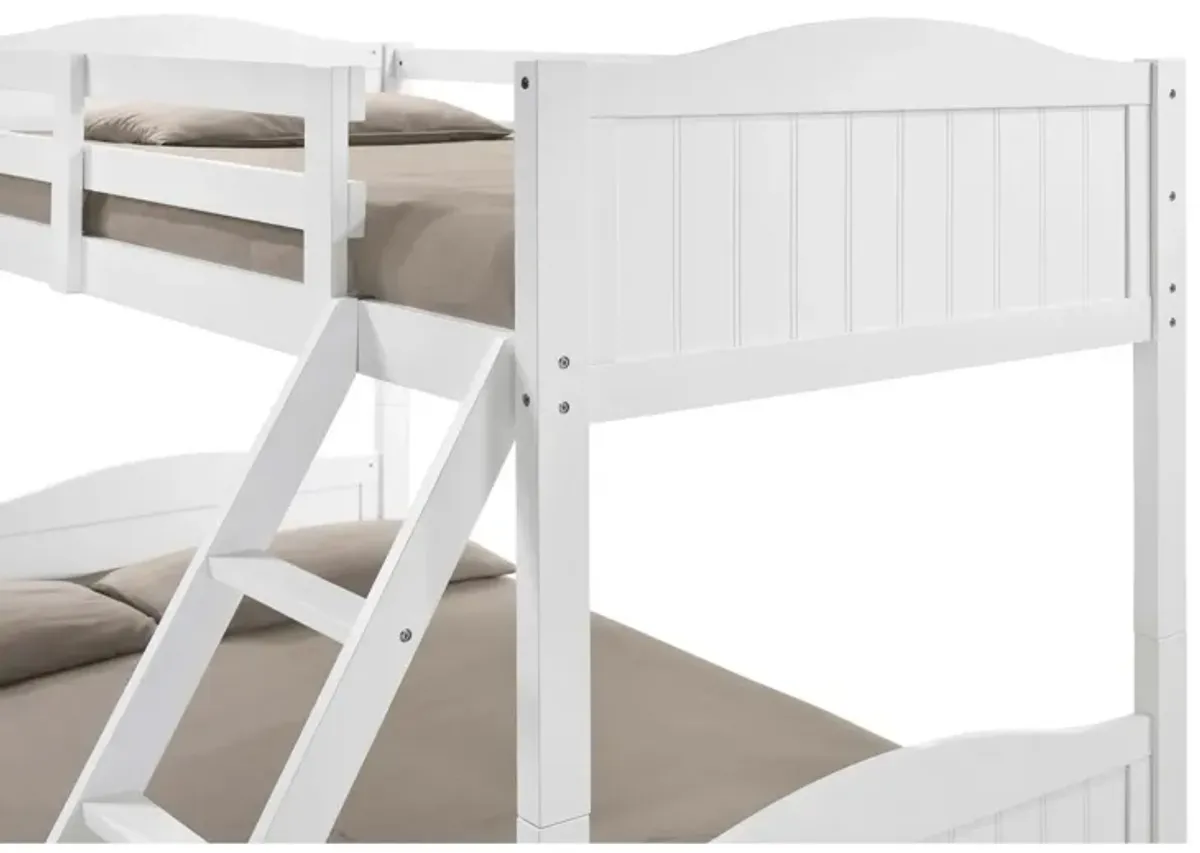 Laro Twin over Full Bunk Bed, Attached Ladder, Guard Rails, White Wood - Benzara