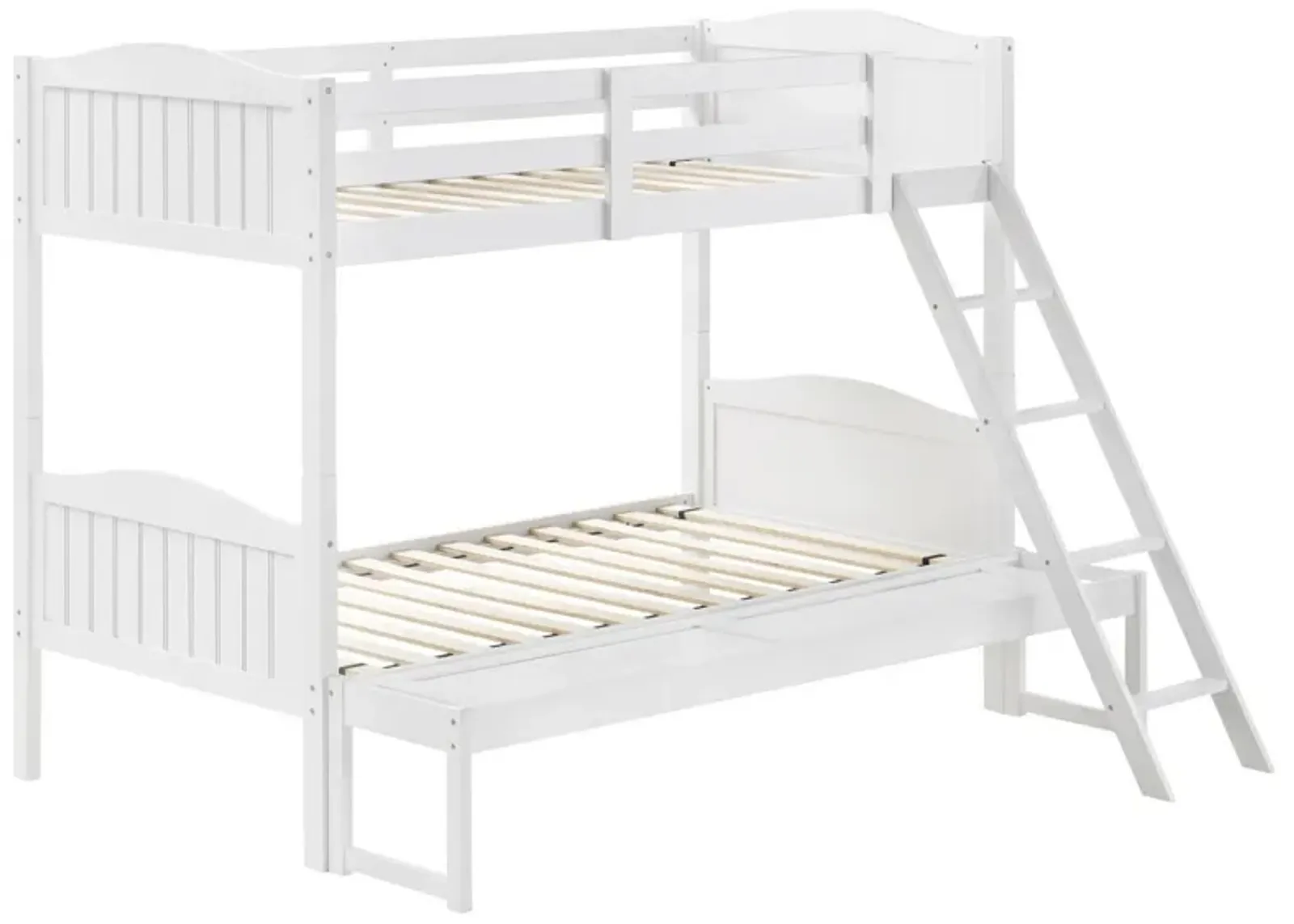 Laro Twin over Full Bunk Bed, Attached Ladder, Guard Rails, White Wood - Benzara