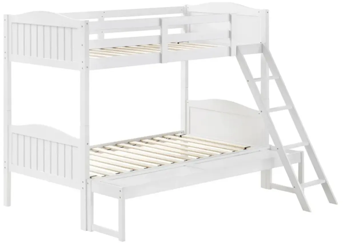 Laro Twin over Full Bunk Bed, Attached Ladder, Guard Rails, White Wood - Benzara