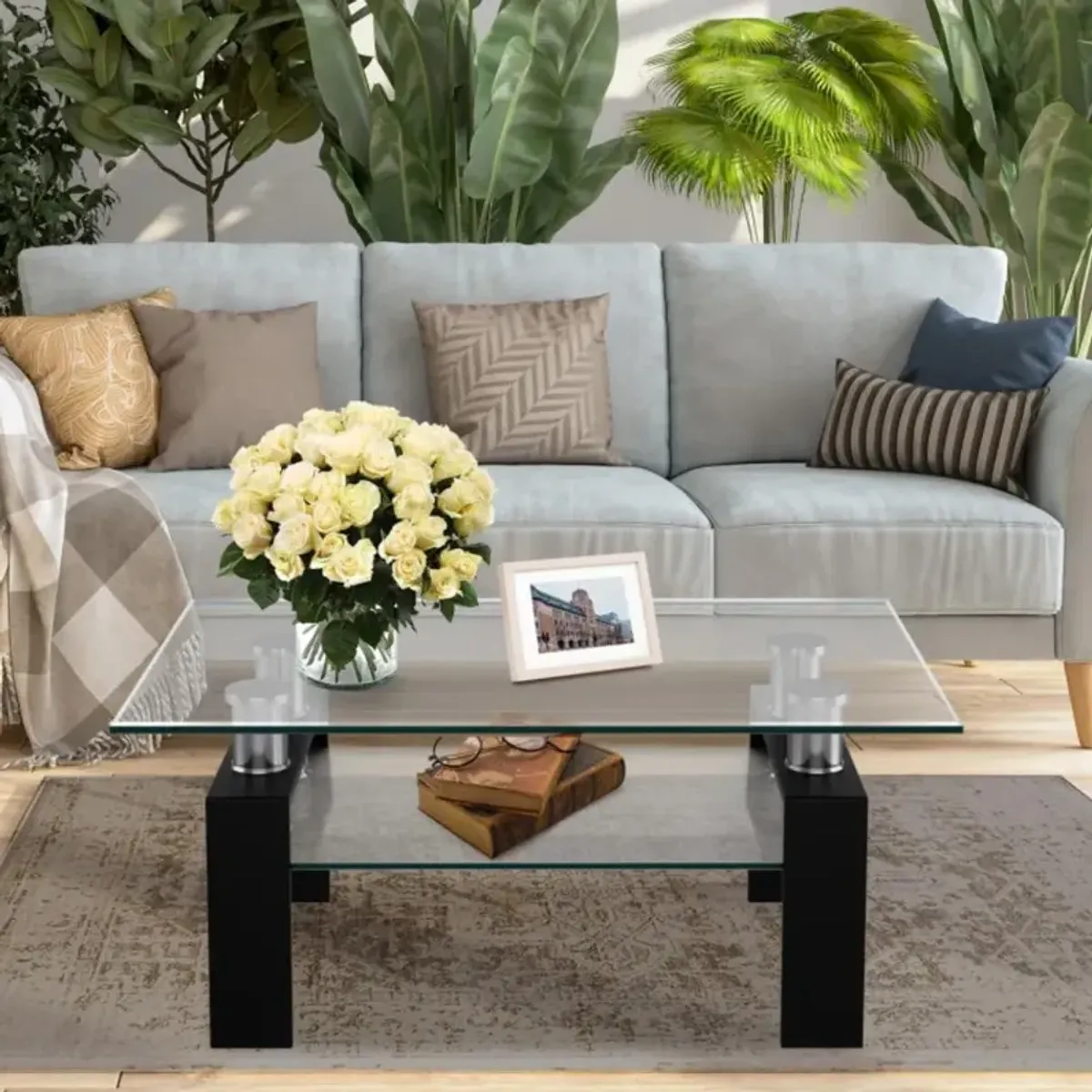 Hivvago Rectangle Glass Coffee Table with Metal Legs for Living Room