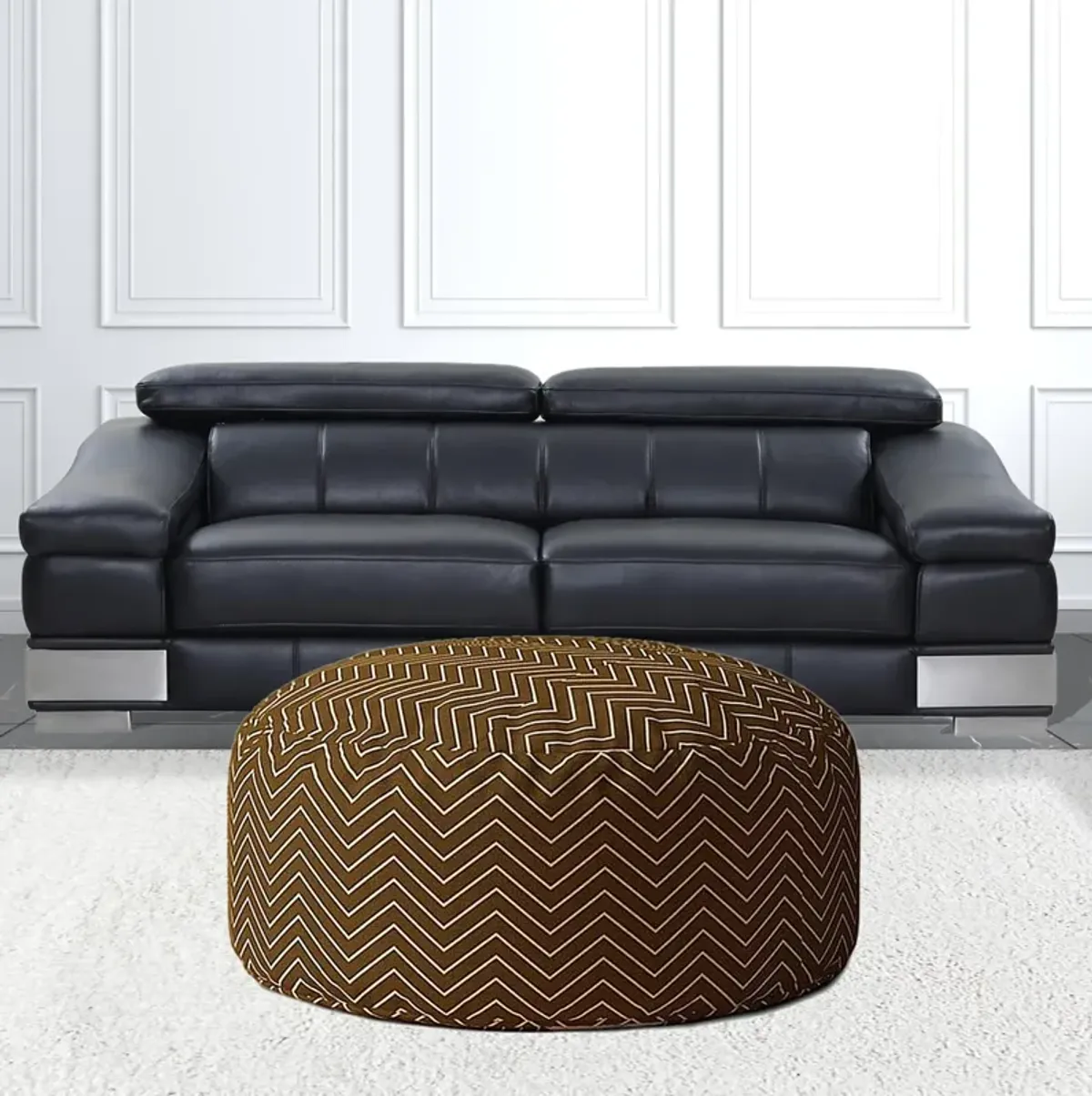 Homezia 24" Brown Cotton Round Chevron Pouf Ottoman