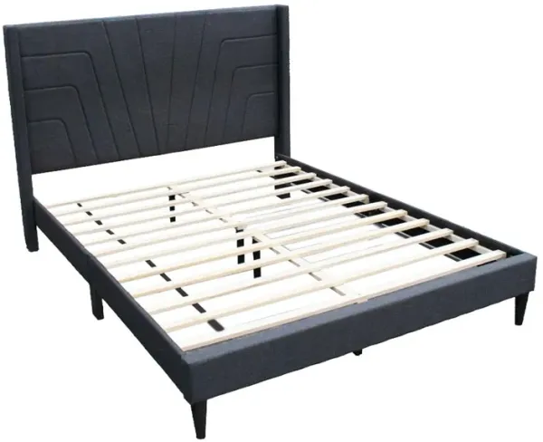 Nny Queen Size Bed with Tufted Headboard, Charcoal Burlap Upholstery, Wood - Benzara