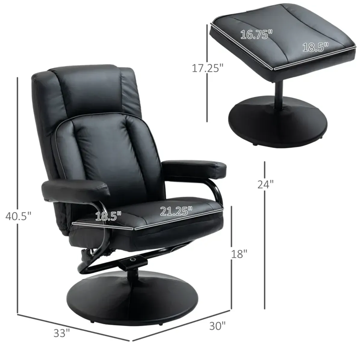 Black Living Room Set: Swivel Recliner with Ottoman in PU Leather