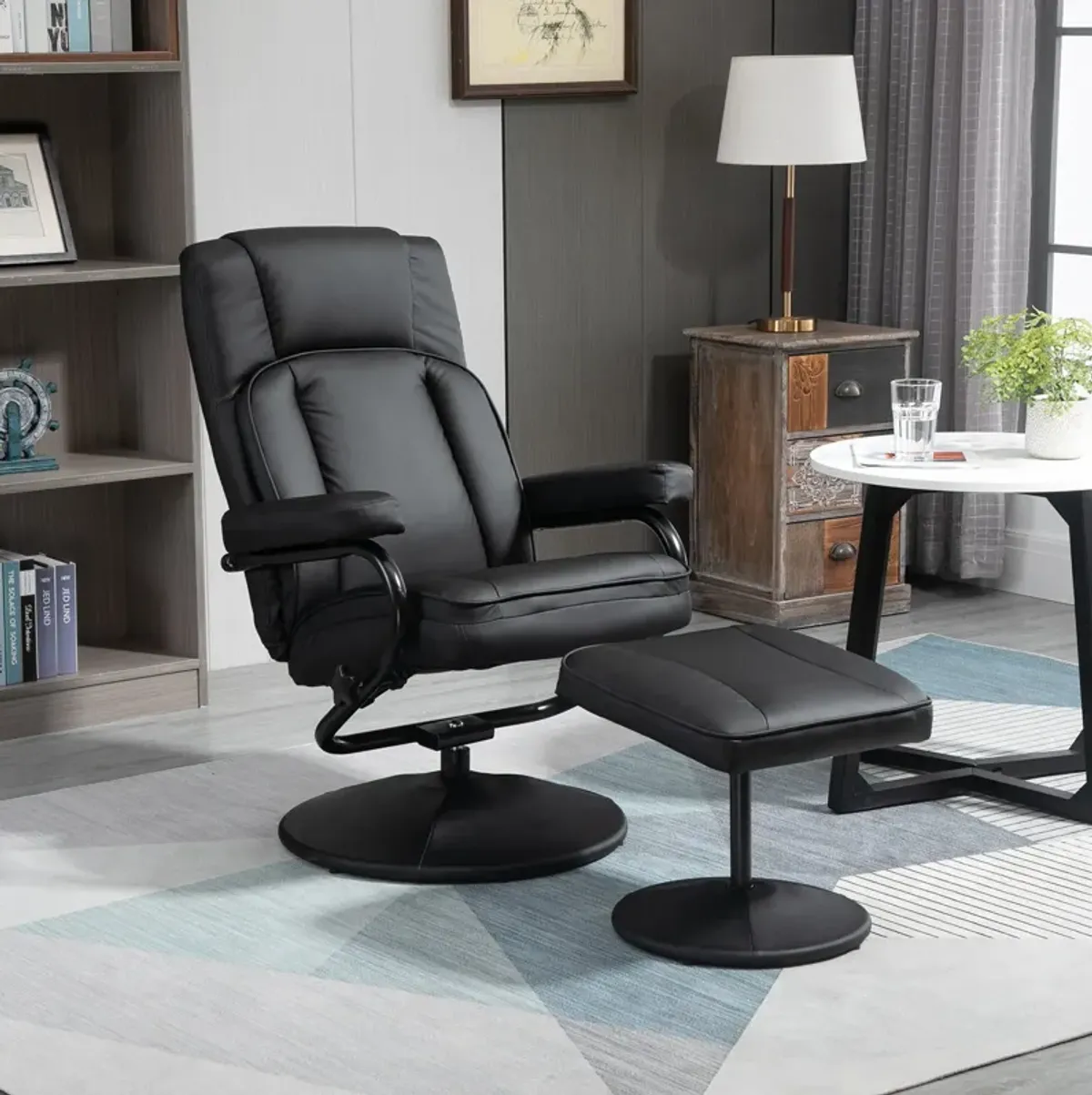 Black Living Room Set: Swivel Recliner with Ottoman in PU Leather