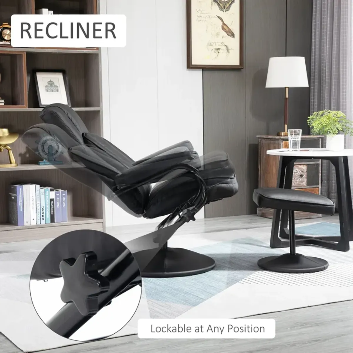 Black Living Room Set: Swivel Recliner with Ottoman in PU Leather