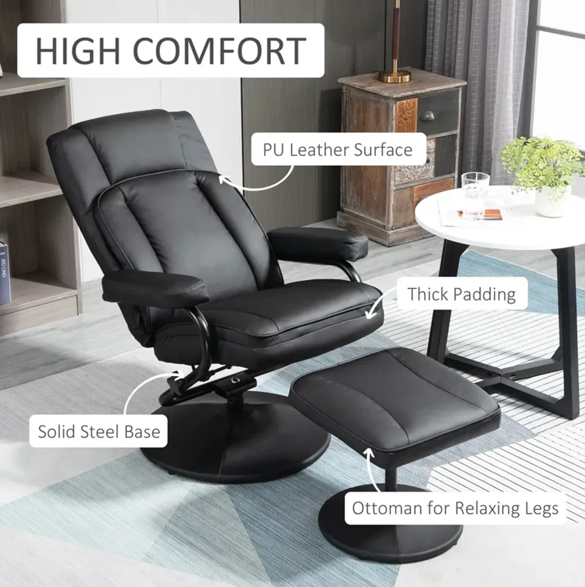 Black Living Room Set: Swivel Recliner with Ottoman in PU Leather