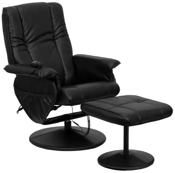 Flash Furniture Hall Massaging Heat Controlled Adjustable Recliner and Ottoman with Wrapped Base in Black LeatherSoft