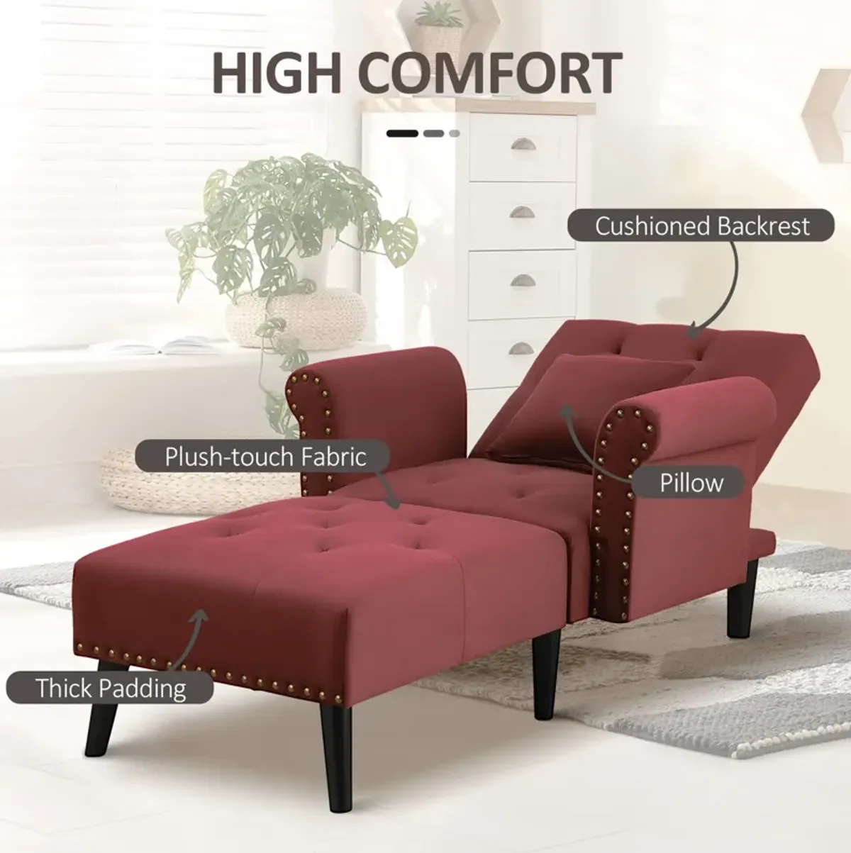 Red Living Room Lounger: 2-in-1 Chaise with Rolled Armrest