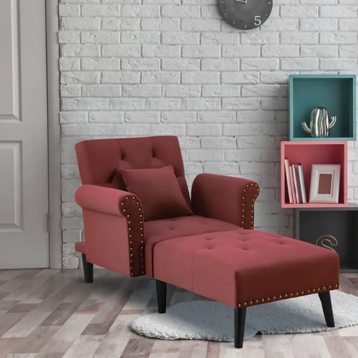 Red Living Room Lounger: 2-in-1 Chaise with Rolled Armrest