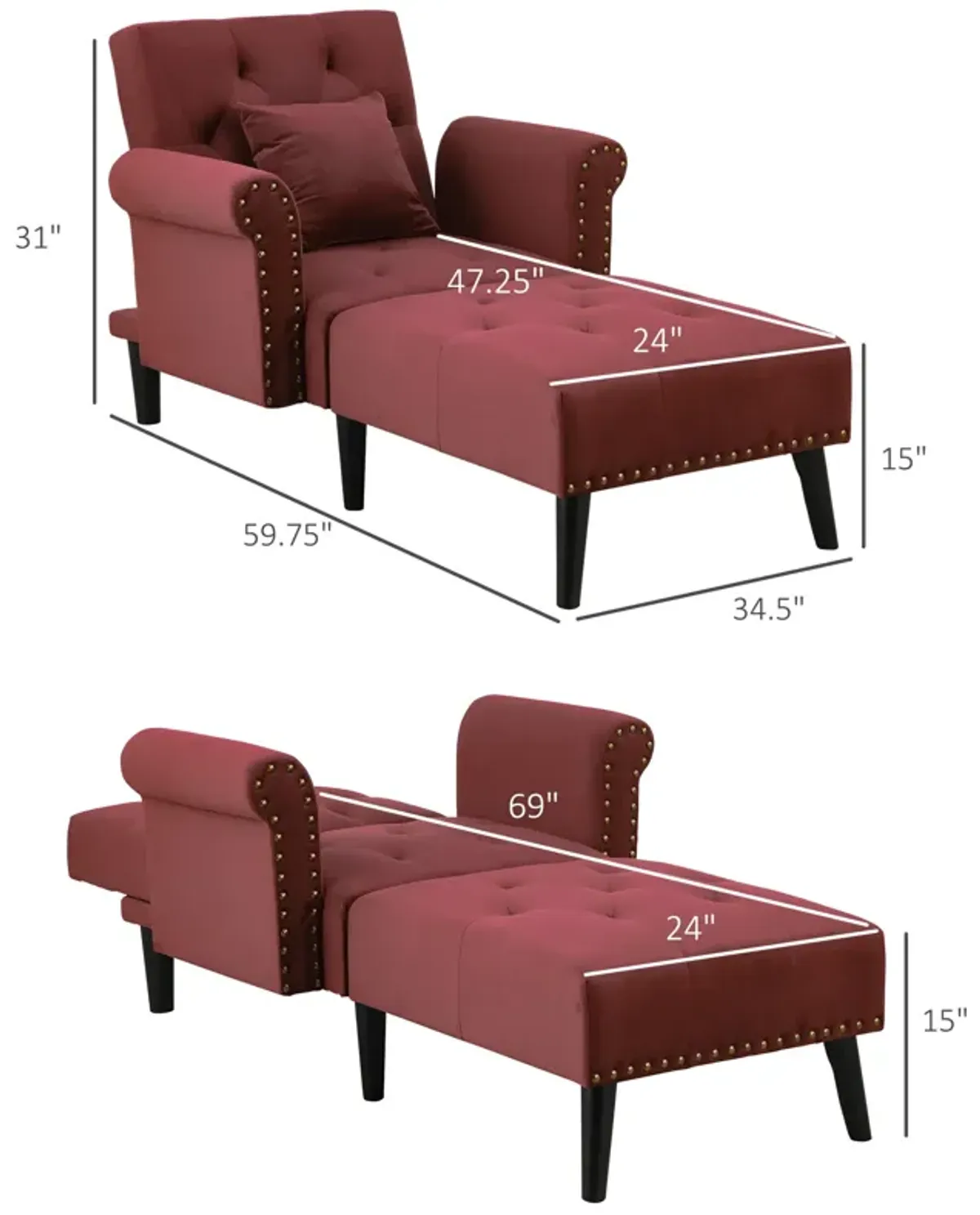 Red Living Room Lounger: 2-in-1 Chaise with Rolled Armrest