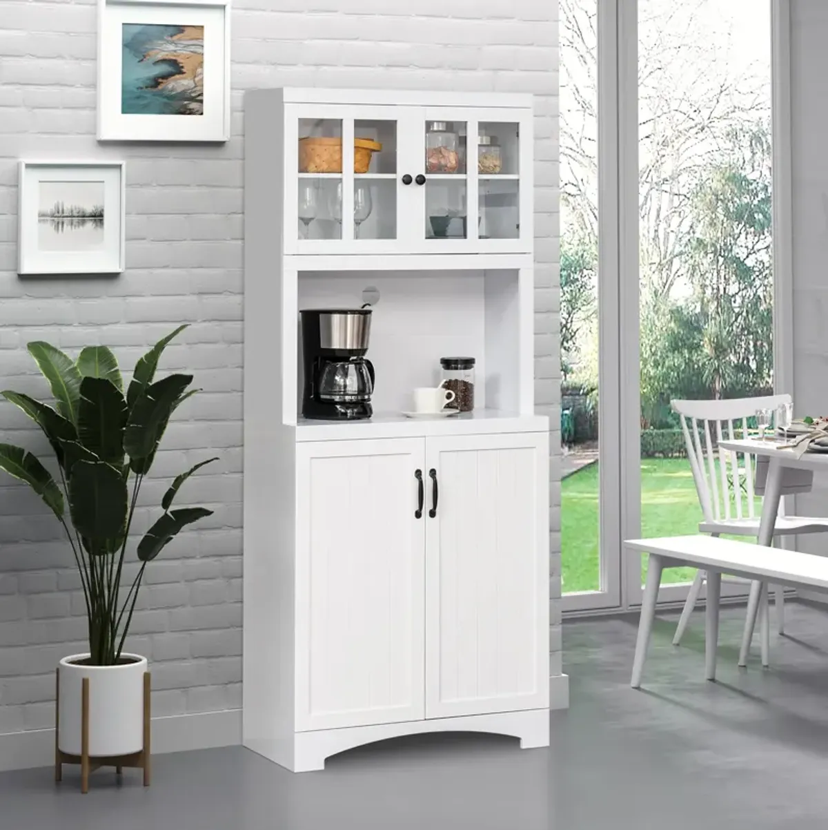 White Kitchen Storage: Hutch Cabinet with Glass Door and Microwave Space