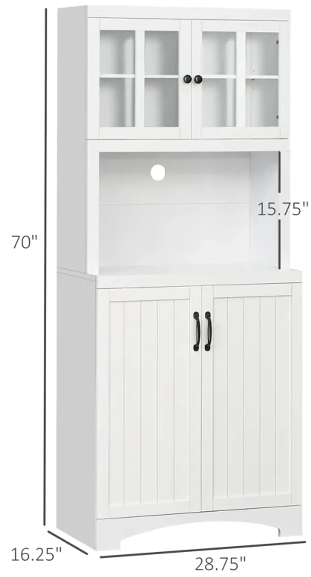 White Kitchen Storage: Hutch Cabinet with Glass Door and Microwave Space