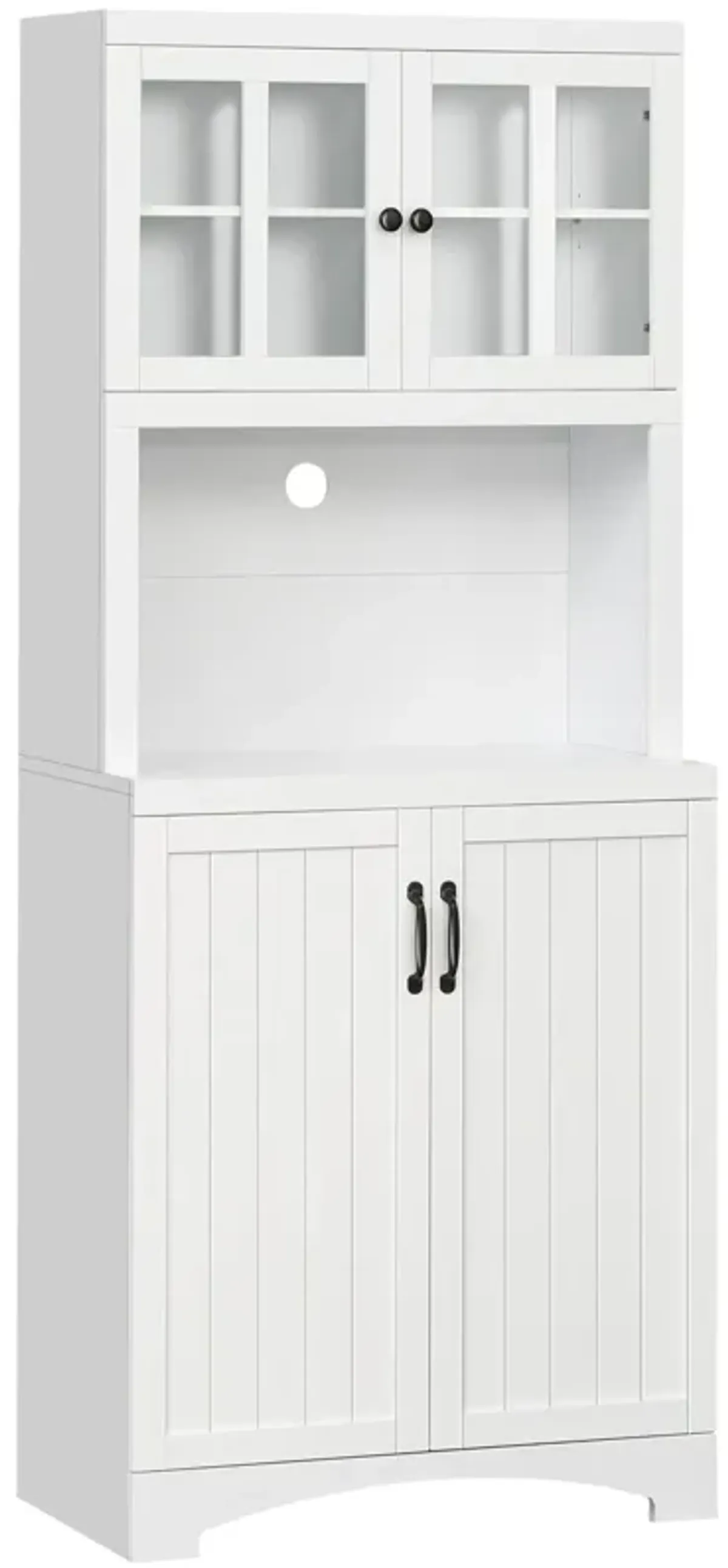 White Kitchen Storage: Hutch Cabinet with Glass Door and Microwave Space