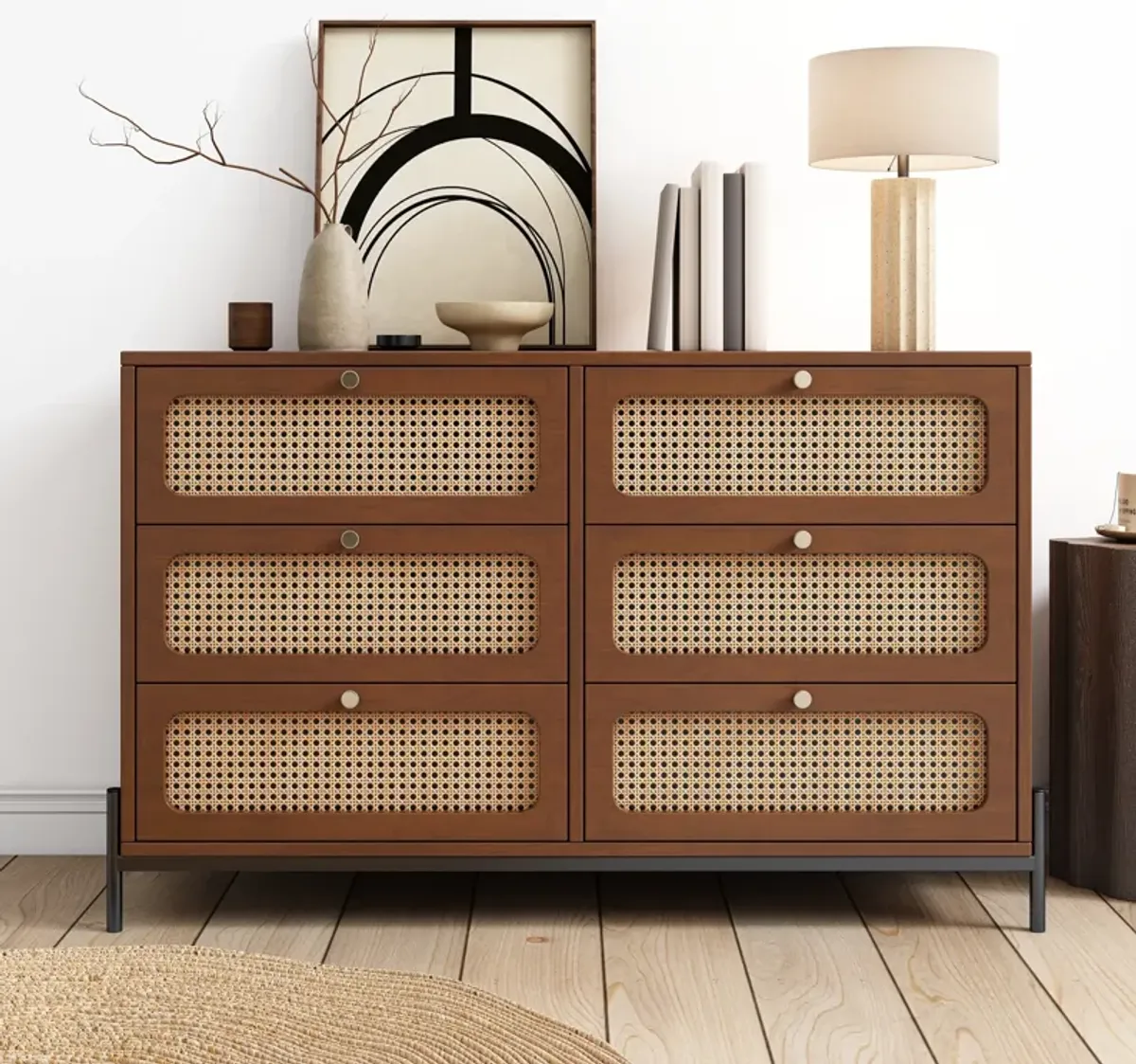 Merax Modern Rattan Wood Closet 6-Drawer Dresser