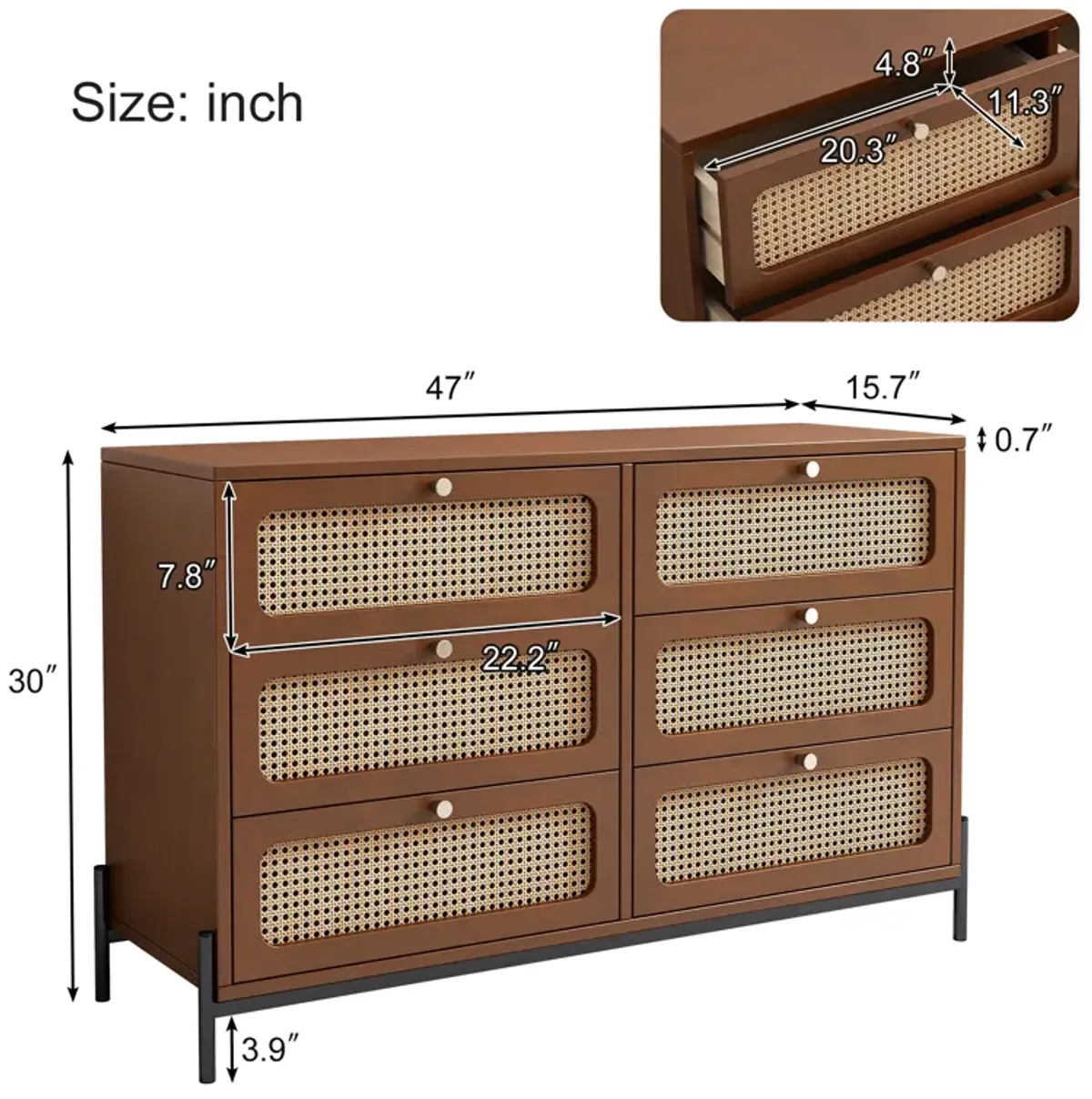 Merax Modern Rattan Wood Closet 6-Drawer Dresser