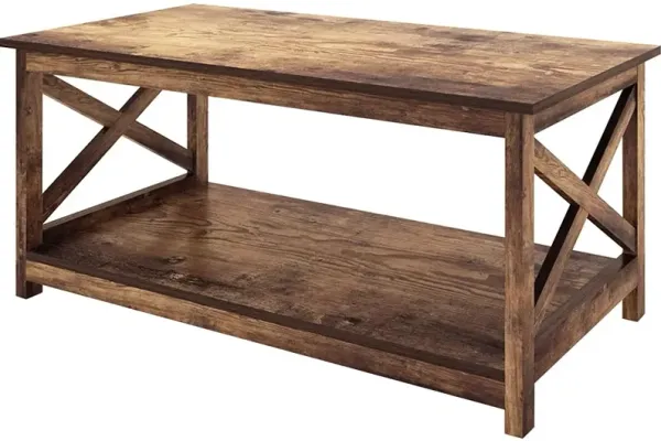 Rustic Farmhouse Coffee Table – 2-Tier Wooden Design with Storage Shelf for Living Room