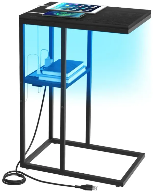 Yoobure LED C Shaped End Table with Charging Station, Small Side Tables for Living Room Bedroom, TV Tray Table with USB Ports an