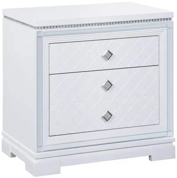 Axl 29 Inch 2 Drawer Nightstand, USB Ports, Embossed, Mirror Trim, White-Benzara