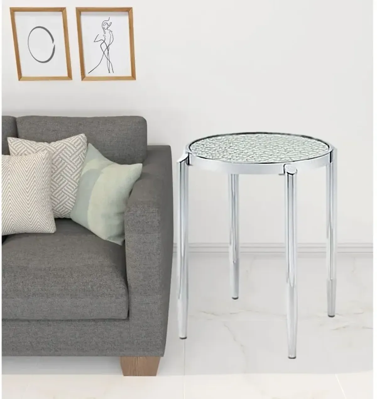 Homezia 25" Silver Mirrored And Metal Round End Table