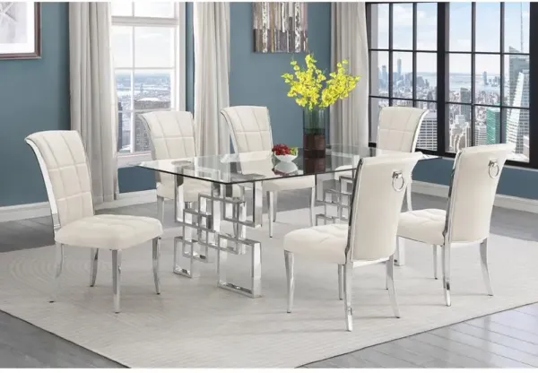 7-piece glam dining set with 6 cream chairs and a 79" long glass dinng table