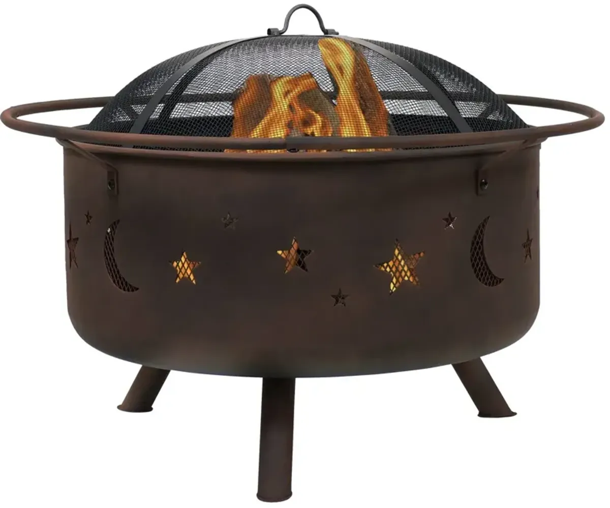 Hivvago Moon Stars Sky Steel Fire Pit Bowl with Screen Cooking Grate and Poker