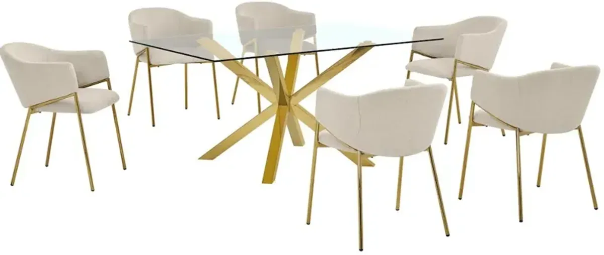Best Quality Furniture 7Pc Rectangle Tempered Glass Dining Table With 6 Beige Side Chairs
