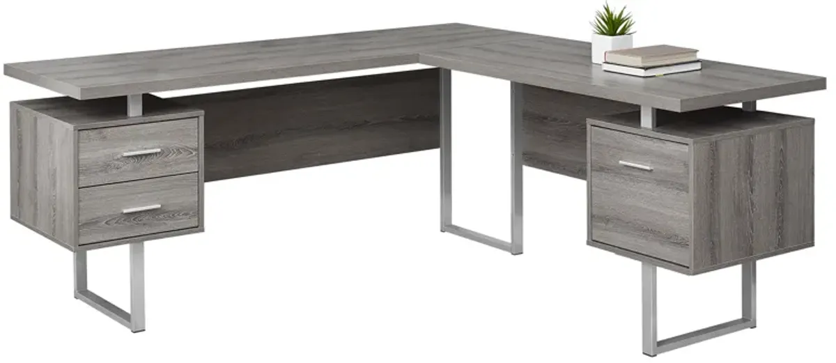 Computer Desk, Home Office, Corner, Left, Right Set-Up, Storage Drawers, 70"L, L Shape, Work, Laptop, Metal, Laminate, Brown, Grey, Contemporary, Modern