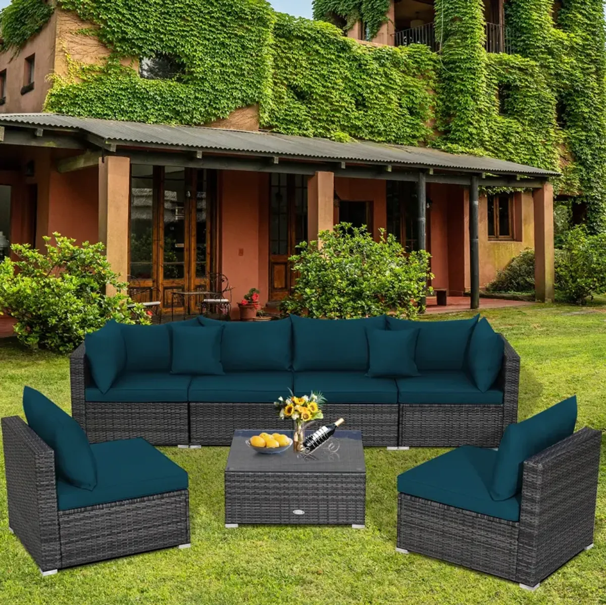 7 Pieces Patio Rattan Furniture Set with Sectional Sofa Cushioned