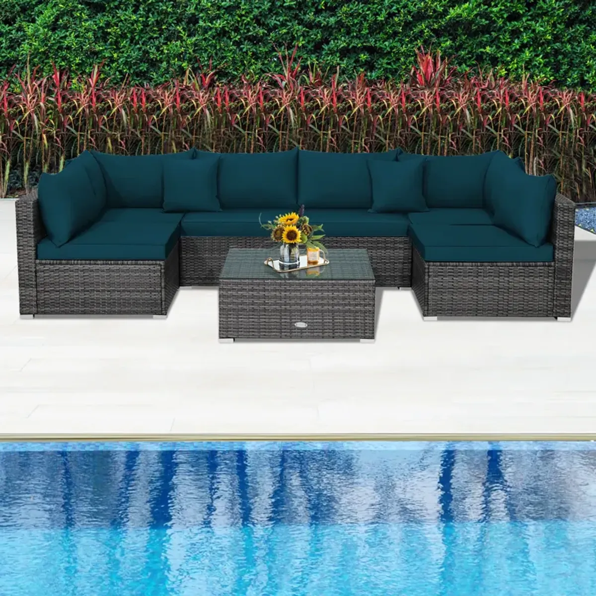 7 Pieces Patio Rattan Furniture Set with Sectional Sofa Cushioned