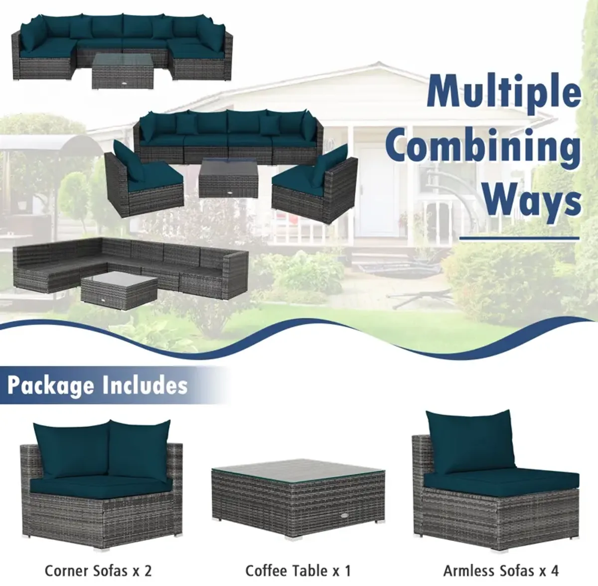 7 Pieces Patio Rattan Furniture Set with Sectional Sofa Cushioned