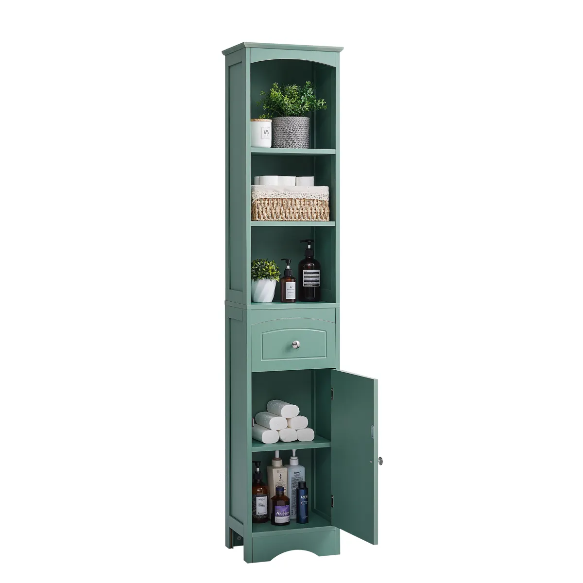 Tall Bathroom Cabinet, Freestanding Storage Cabinet with Drawer, MDF Board, Adjustable Shelf, Green