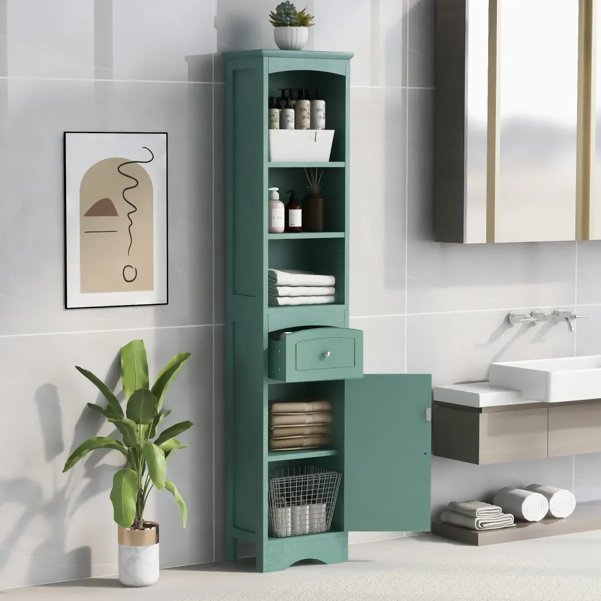 Tall Bathroom Cabinet, Freestanding Storage Cabinet With Drawer, MDF Board, Adjustable Shelf