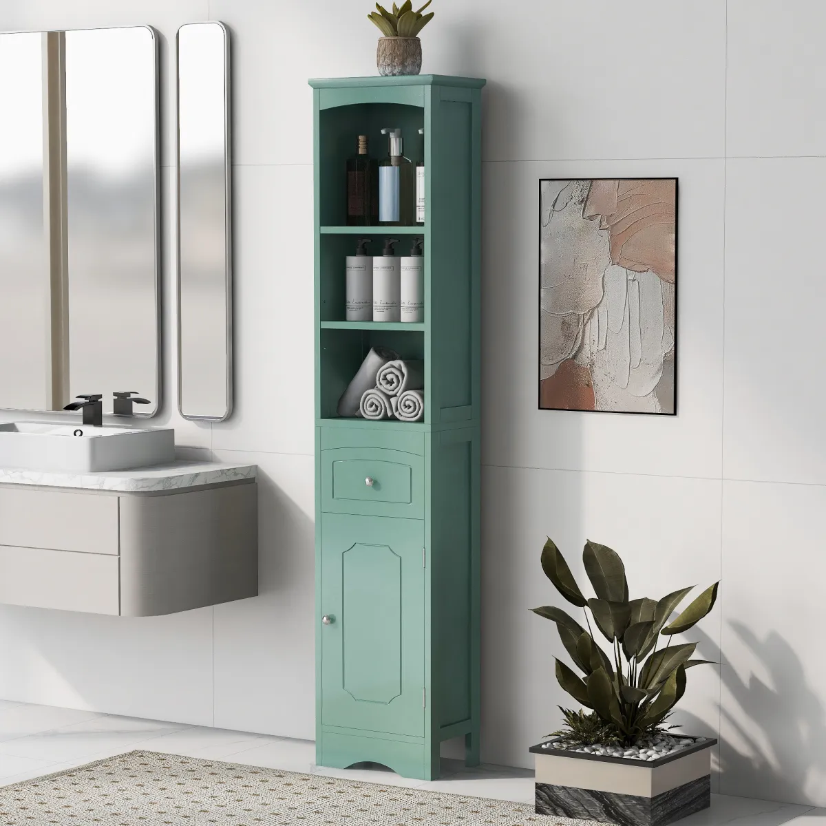 Tall Bathroom Cabinet, Freestanding Storage Cabinet with Drawer, MDF Board, Adjustable Shelf, Green