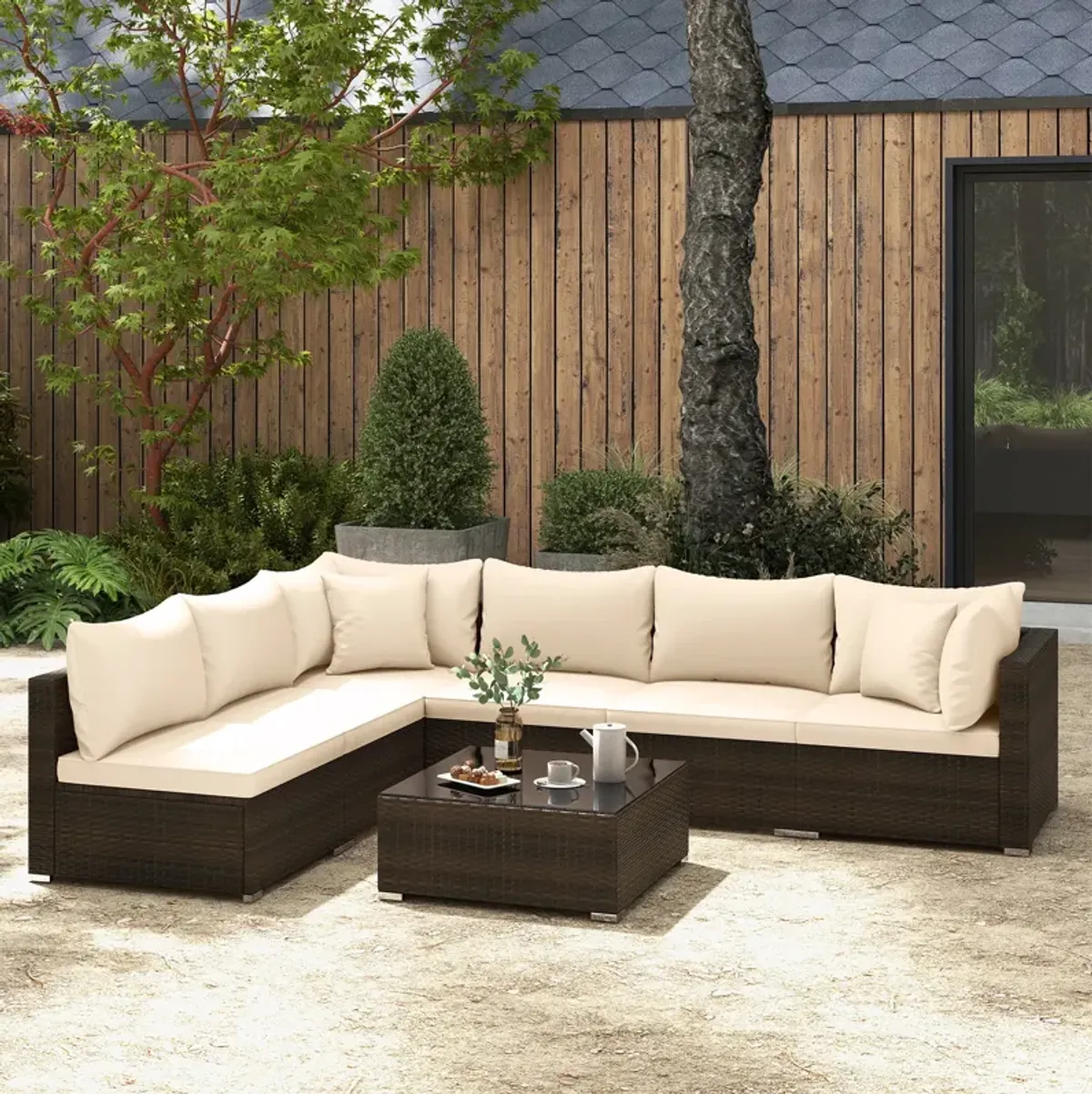 7 Pieces Patio Rattan Furniture Set with Sectional Sofa Cushions-Beige