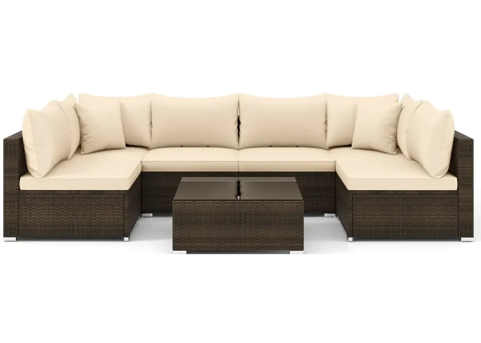 7 Pieces Patio Rattan Furniture Set with Sectional Sofa Cushions-Beige