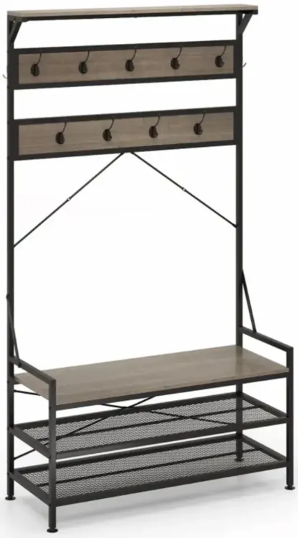 Hivvago Coat Rack 4-In-1 Hall Tree with 11 Hanging Hooks Shoe Bench