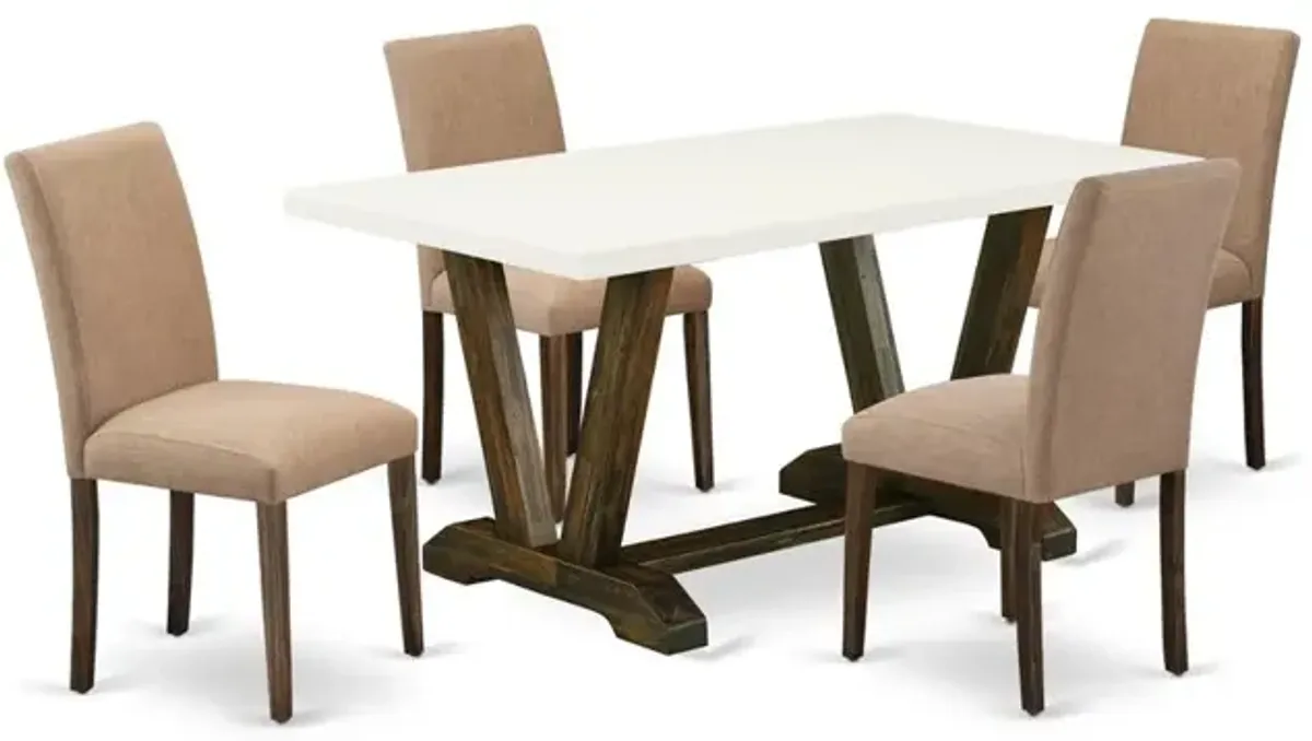 East West Furniture 5-Pc Dining Room Table Set Includes 4 Dining Chairs with Upholstered Seat and High Back and a Rectangular Dining Table - Distressed Jacobean Finish