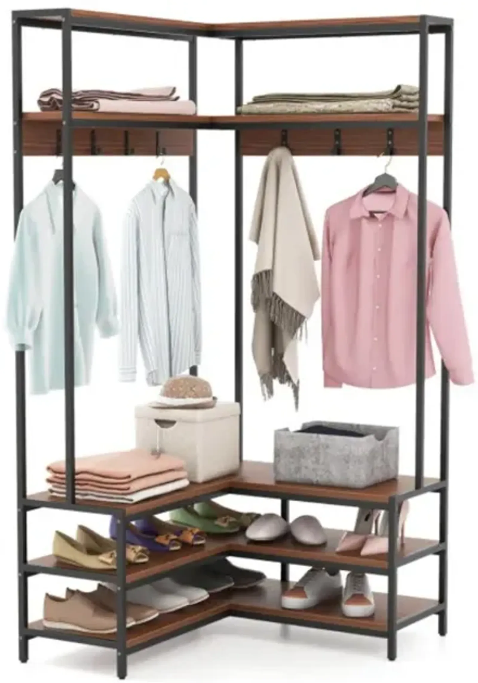 Hivvago Corner Garment Rack with Open Shelves and 7 Hooks Shoe Bench