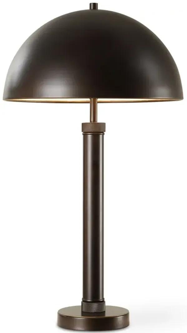 Modern Accent Table Lamp, Dome Shade, Gold Edge, Black Metal Round Base - Benzara