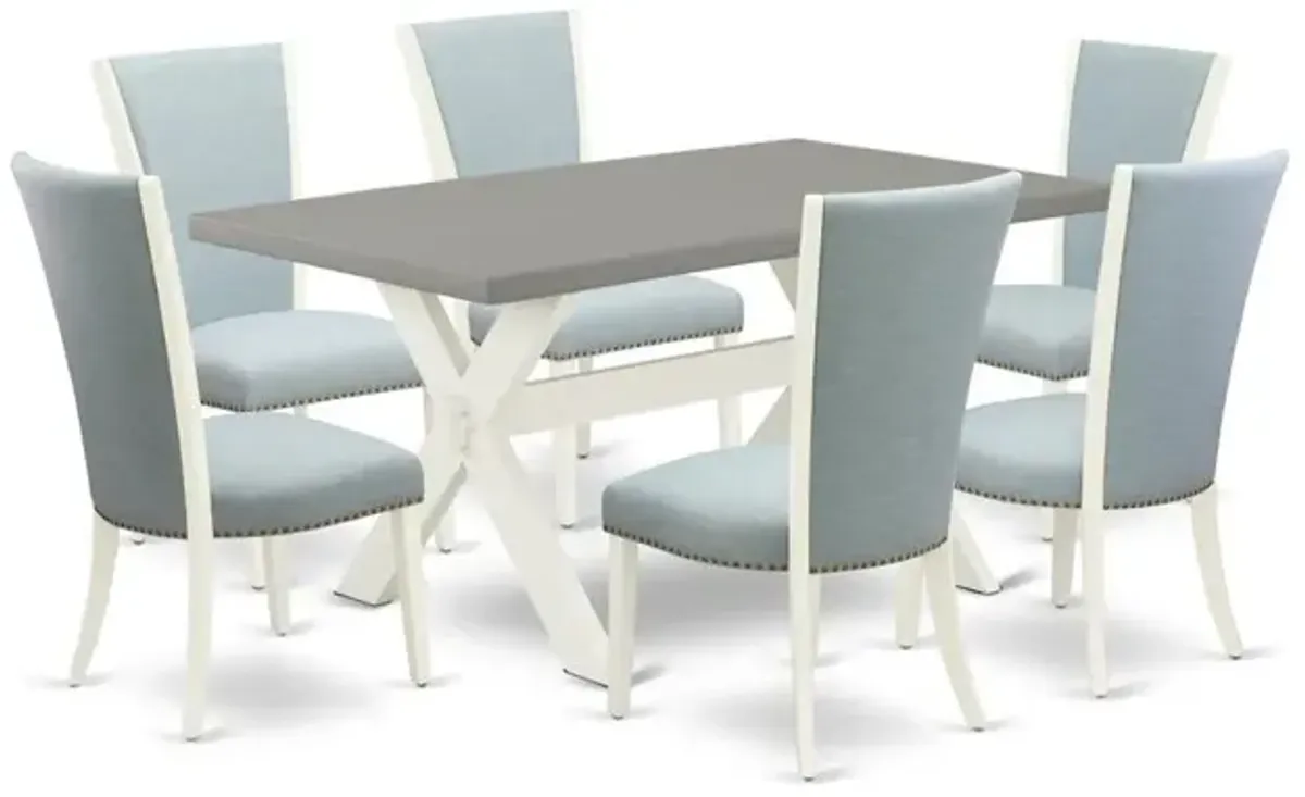 East West Furniture X096VE215-7 7 Piece Dining Room Table Set - 6 Baby Blue Linen Fabric Parson Dining Chairs with Nailheads and Cement Mid Century Dining Table - Linen White Finish