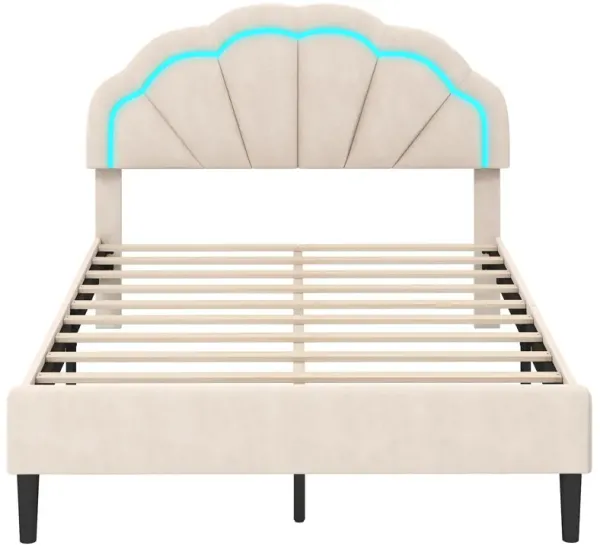 Upholstered LED Bed Frame with Adjustable Flower Headboard and Metal Support Feet