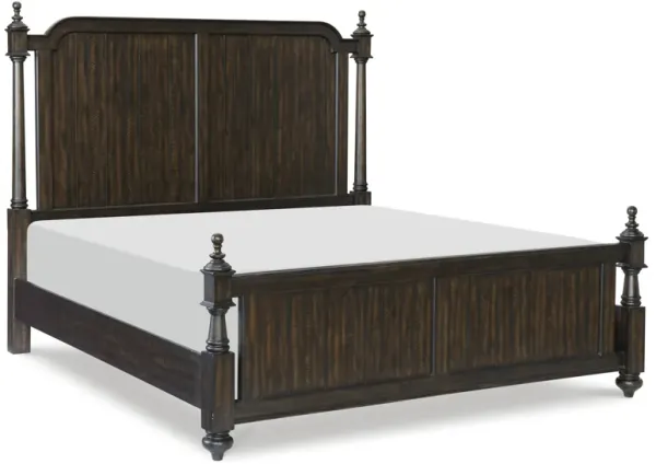 Berey Queen Bed, Classical Column Pilasters, Driftwood Dark Brown Finish - Benzara