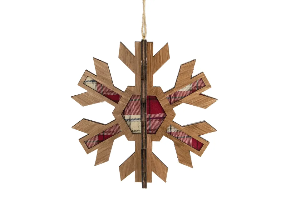 7" 3-D Faux Wood and Red Plaid Starburst Snowflake Christmas Ornament