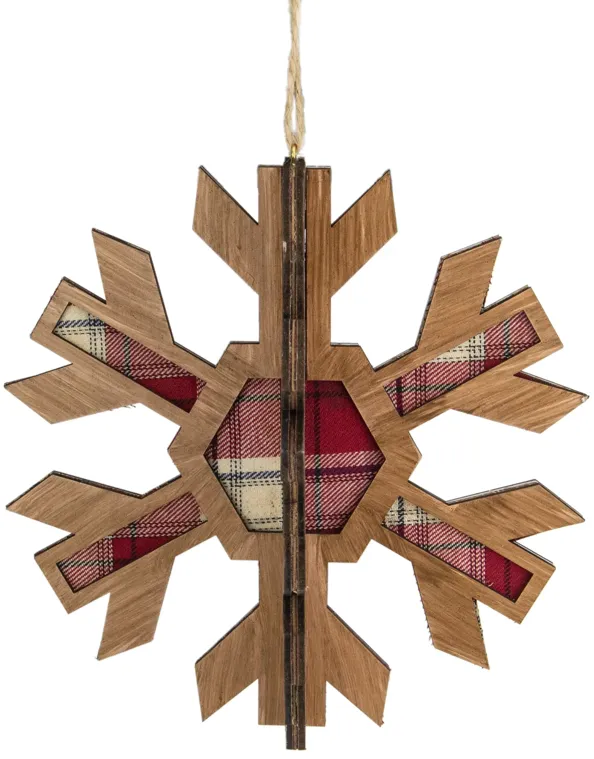 7" 3-D Faux Wood and Red Plaid Starburst Snowflake Christmas Ornament