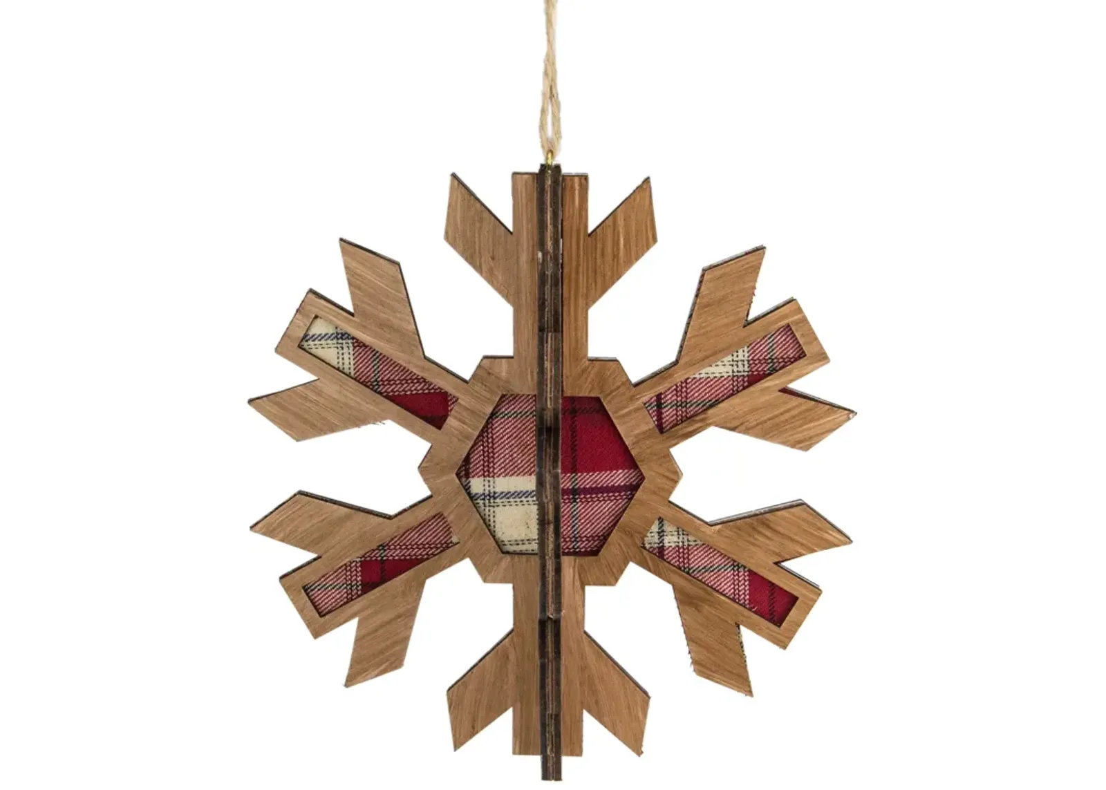 7" 3-D Faux Wood and Red Plaid Starburst Snowflake Christmas Ornament