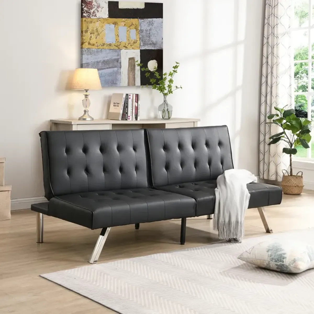 Wood Frame, Stainless Leg, Futon, Sofa Bed Black PVC